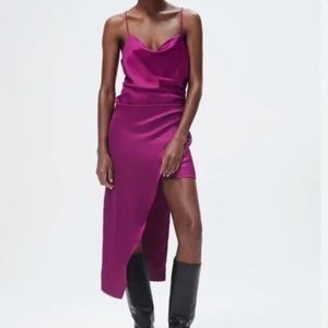 Zara Asymmetrical Magenta Satin Effect XS Feminine Slip Dress